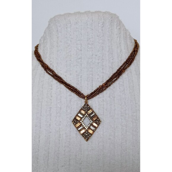 Boho Chic Handcrafted Rhinestone Pendant Metallic Seed Bead Necklace  17-19.5 in - Picture 3 of 6